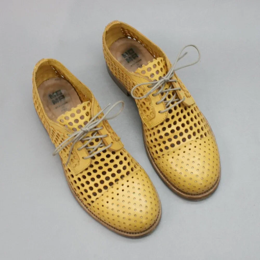 MOMA 38 Ladies 8 Luna Giallo Yellow Perforated Polka Dots Shoes Oxfords - Italy - Picture 6 of 12